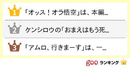 ケンシロウの決め台詞も 実は勘違いされているアニメの名言雑学ランキング オッス オラ悟空 は 本編では一度も言っ ていない ケンシロウの おまえはもう死んでいる は 原作では一度しか言っていない アムロ 行きまーす は 一回しか言っていない 他 Goo